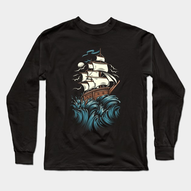 Ship Sailing In Ocean Long Sleeve T-Shirt by Mako Design 